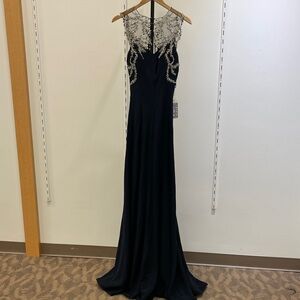Elegant Navy Blue and Silver Evening Gown